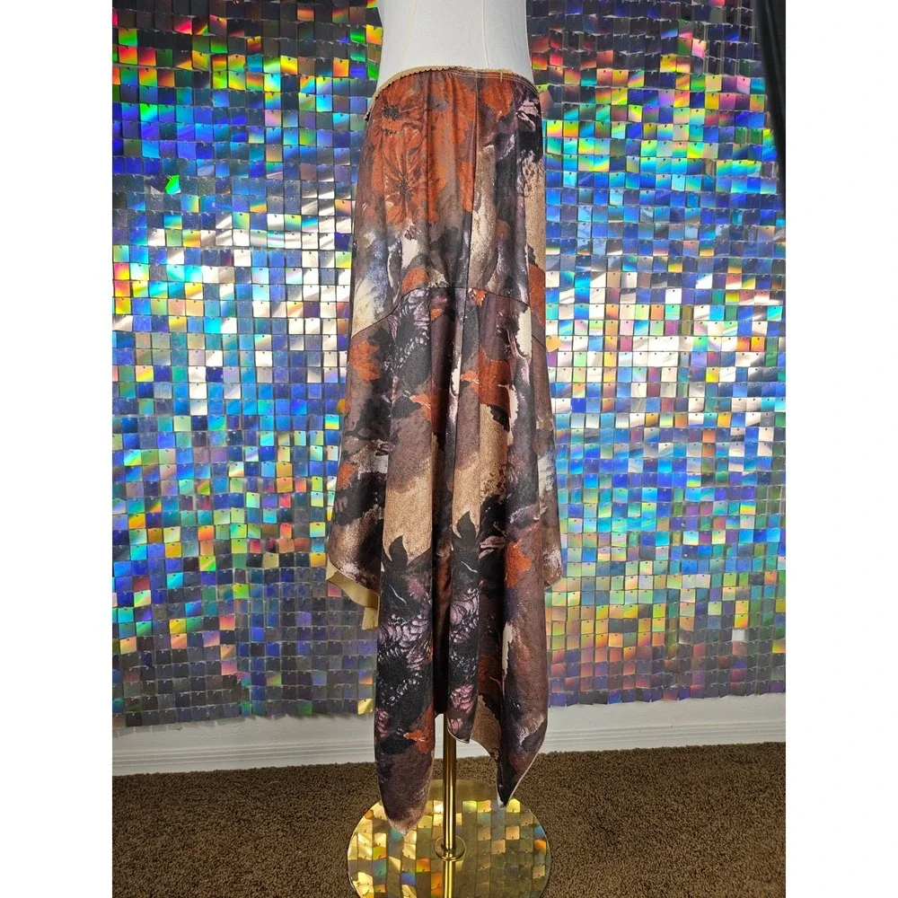 Asymmetrical Floral Midi Skirt Womens Brown Tan Renaissance Fairycore Western - Picture 7 of 10